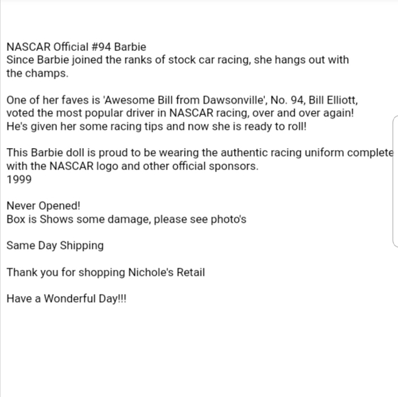 Nascar Official #94 Barbie Collector Edition Mc Do - Picture 5 of 8